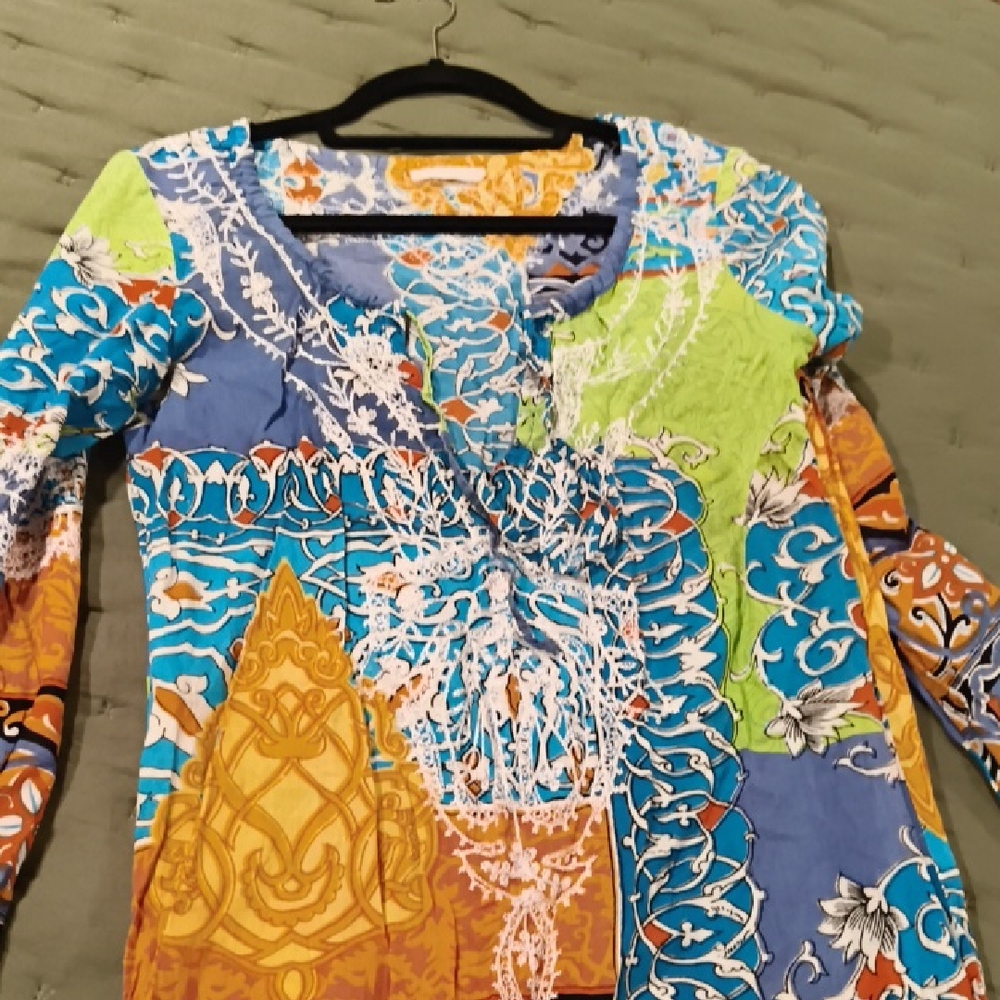 Blue and Gold Graphic Wrap Blouse